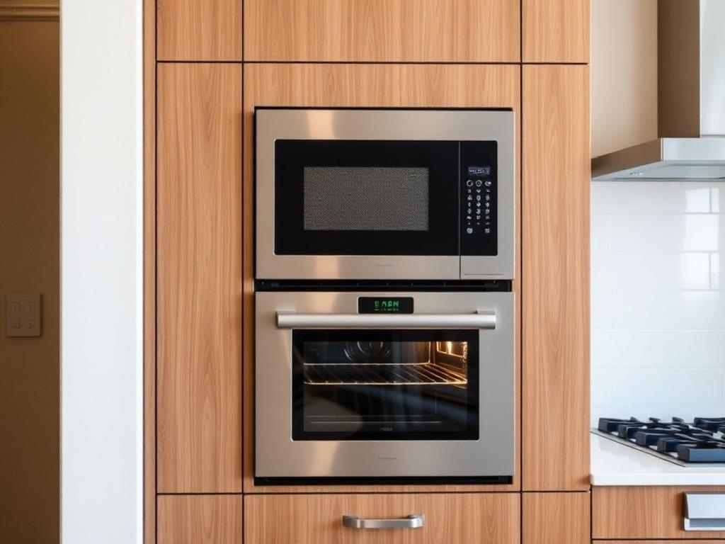 Built-in oven and microwave in a wooden kitchen cabinet column