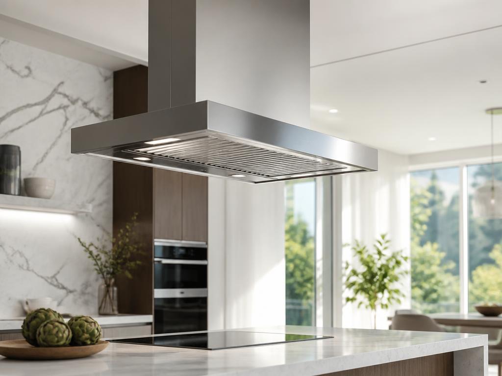 Stainless steel kitchen chimney above an island cooktop