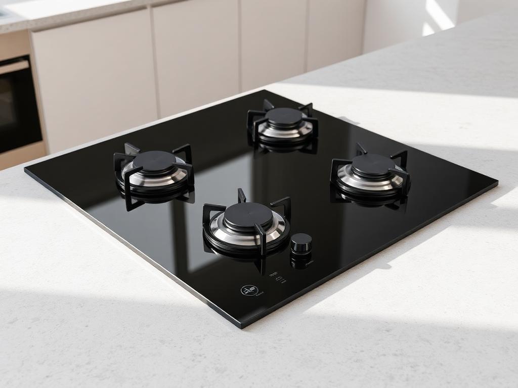 Black glass built-in gas cooktop on a stone countertop