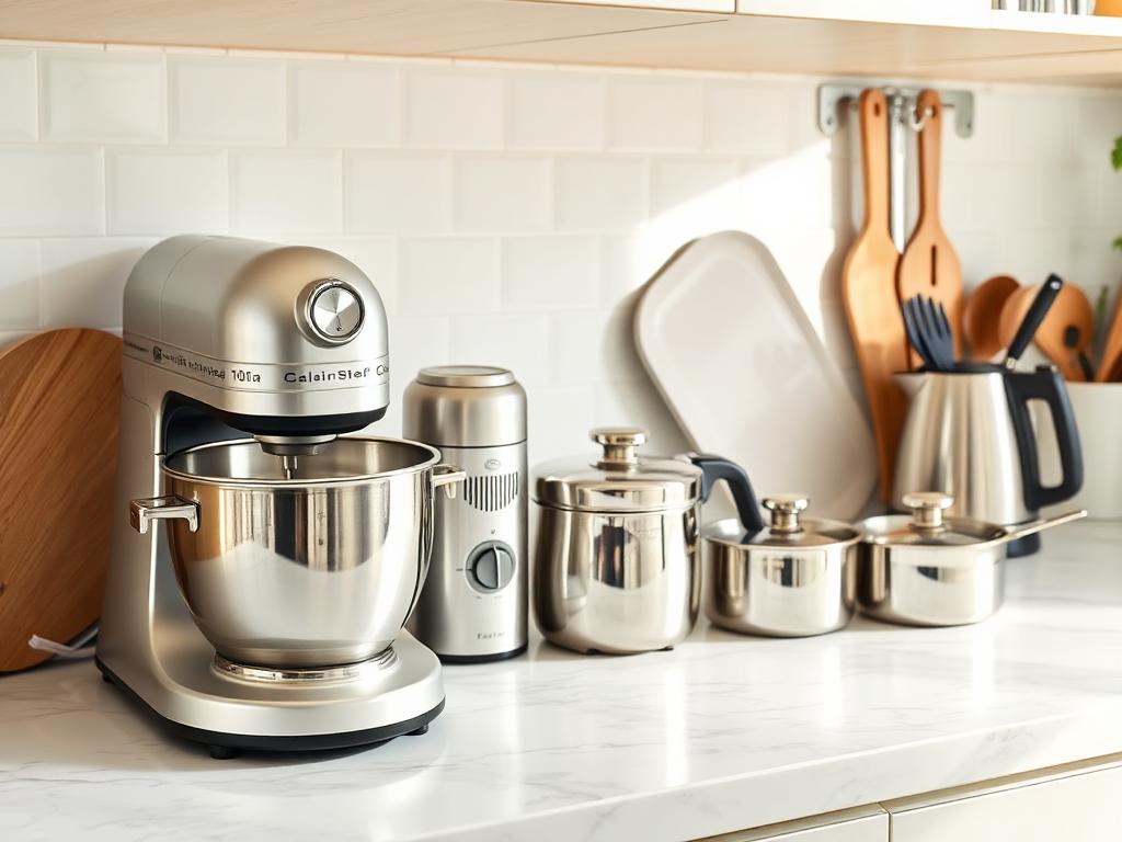 Small kitchen appliances and stainless steel cookware on a marble counter
