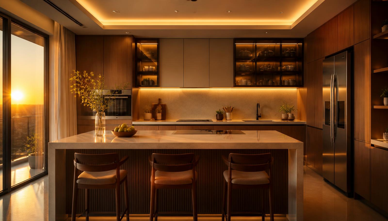 Warmly lit modern kitchen with island counter and integrated appliances
