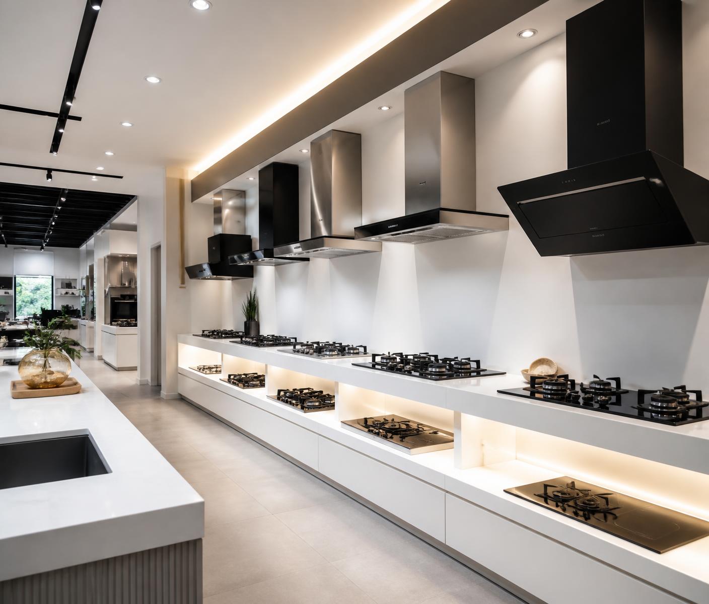White House appliance showroom display of chimneys and cooktops